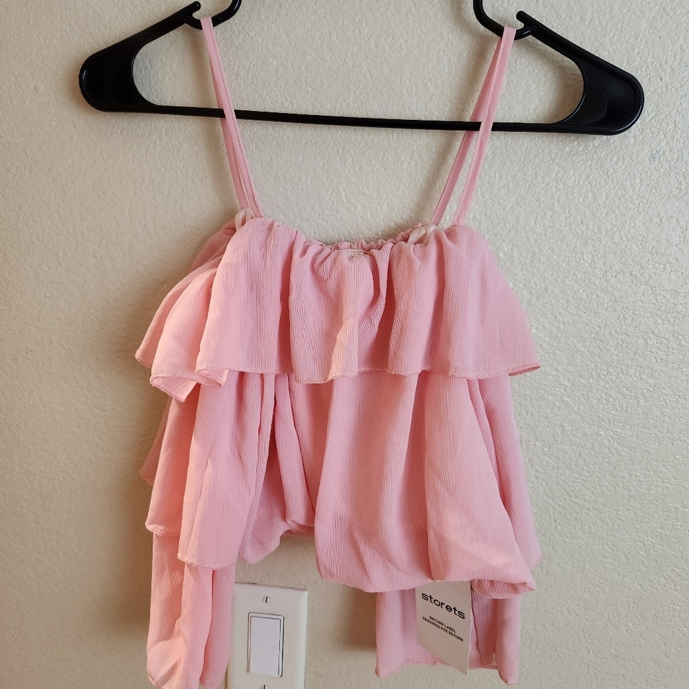 Storets Pink Ruffle Cold Shoulder Crepe Top Blouse